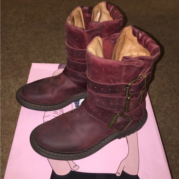 Jeffrey Campbell Trudge wine red maroon mid calf leather moto boots sz 6 - Picture 3 of 6